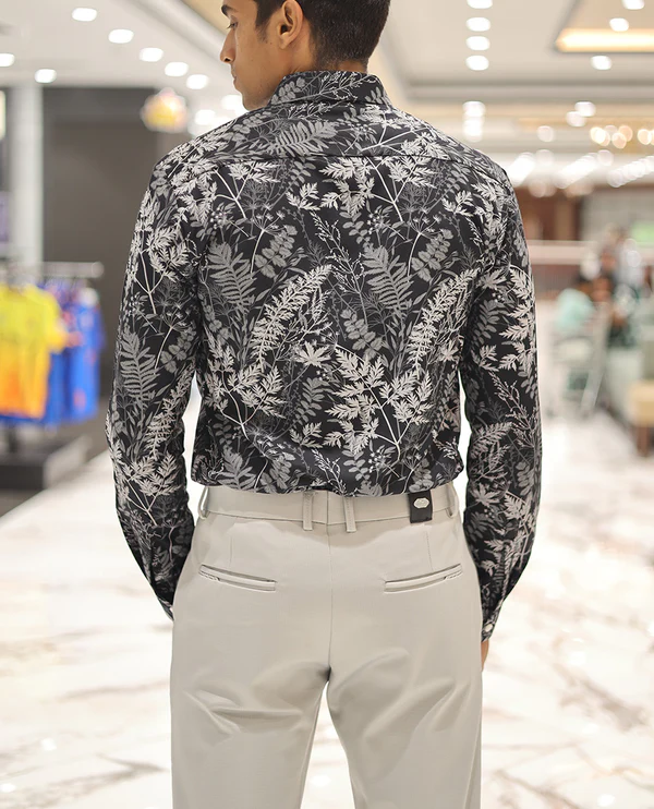 Black Cotton Blended Casual Shirt, Elevated with Vibrant Tropical Floral Prints, a Spread Collar, Full Sleeves, Slim Fit, and Regular Length