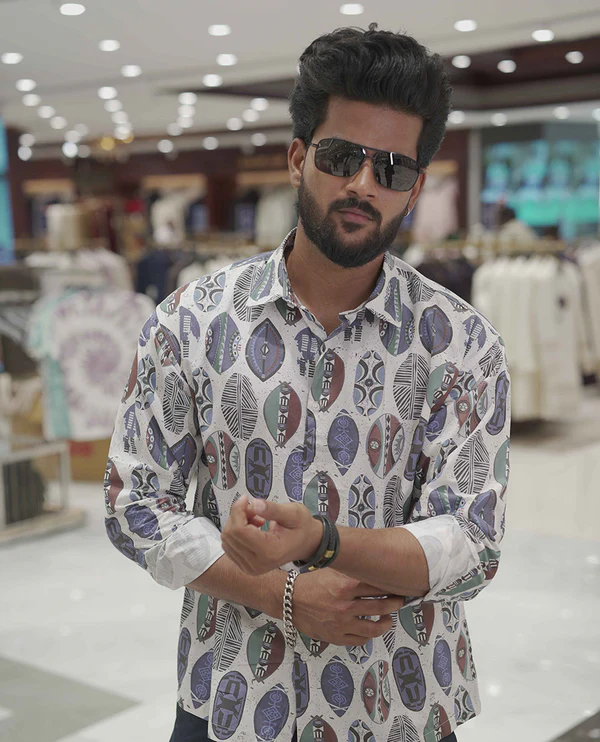 Cream-Blue Cotton-Blended Casual Shirt