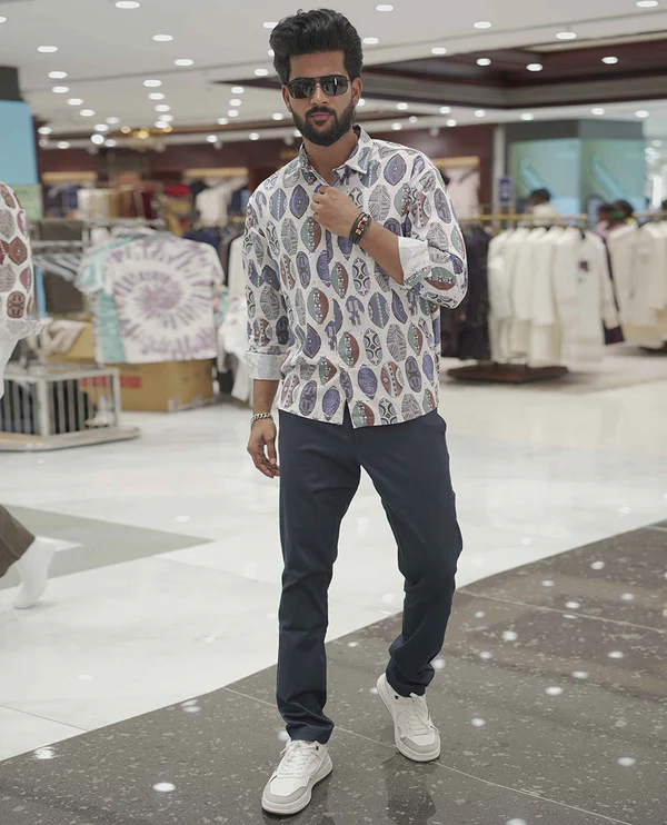 Cream-Blue Cotton-Blended Casual Shirt