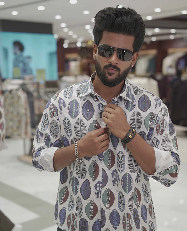 Cream-Blue Cotton-Blended Casual Shirt