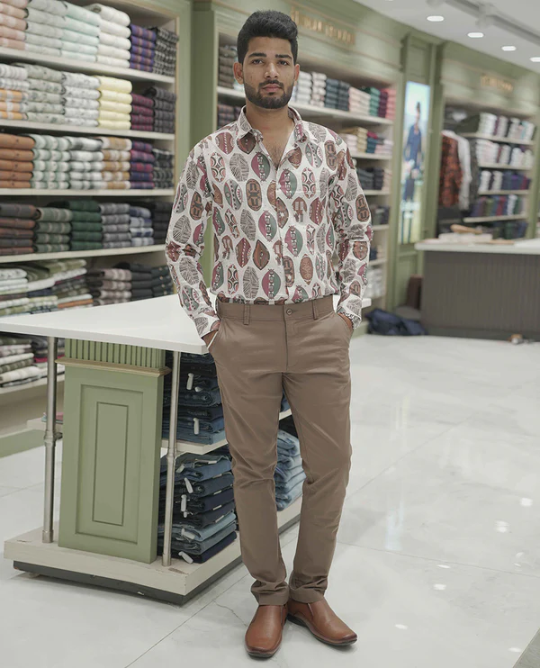 Cream-Brown Cotton-Blended Casual Shirt