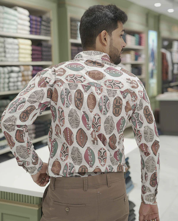 Cream-Brown Cotton-Blended Casual Shirt
