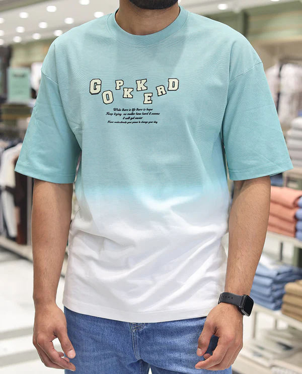 Teal Cotton-Blended Ombre T-Shirt