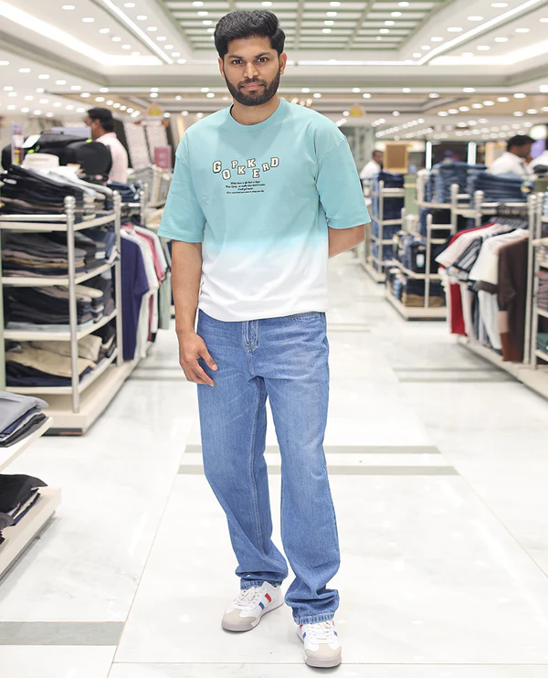 Teal Cotton-Blended Ombre T-Shirt